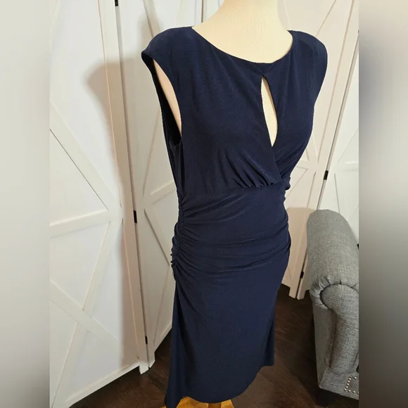 Lauren Ralph Lauren Navy Blue Ruched Bodycon with Elegant Front keyhole Cutout - Picture 3 of 6